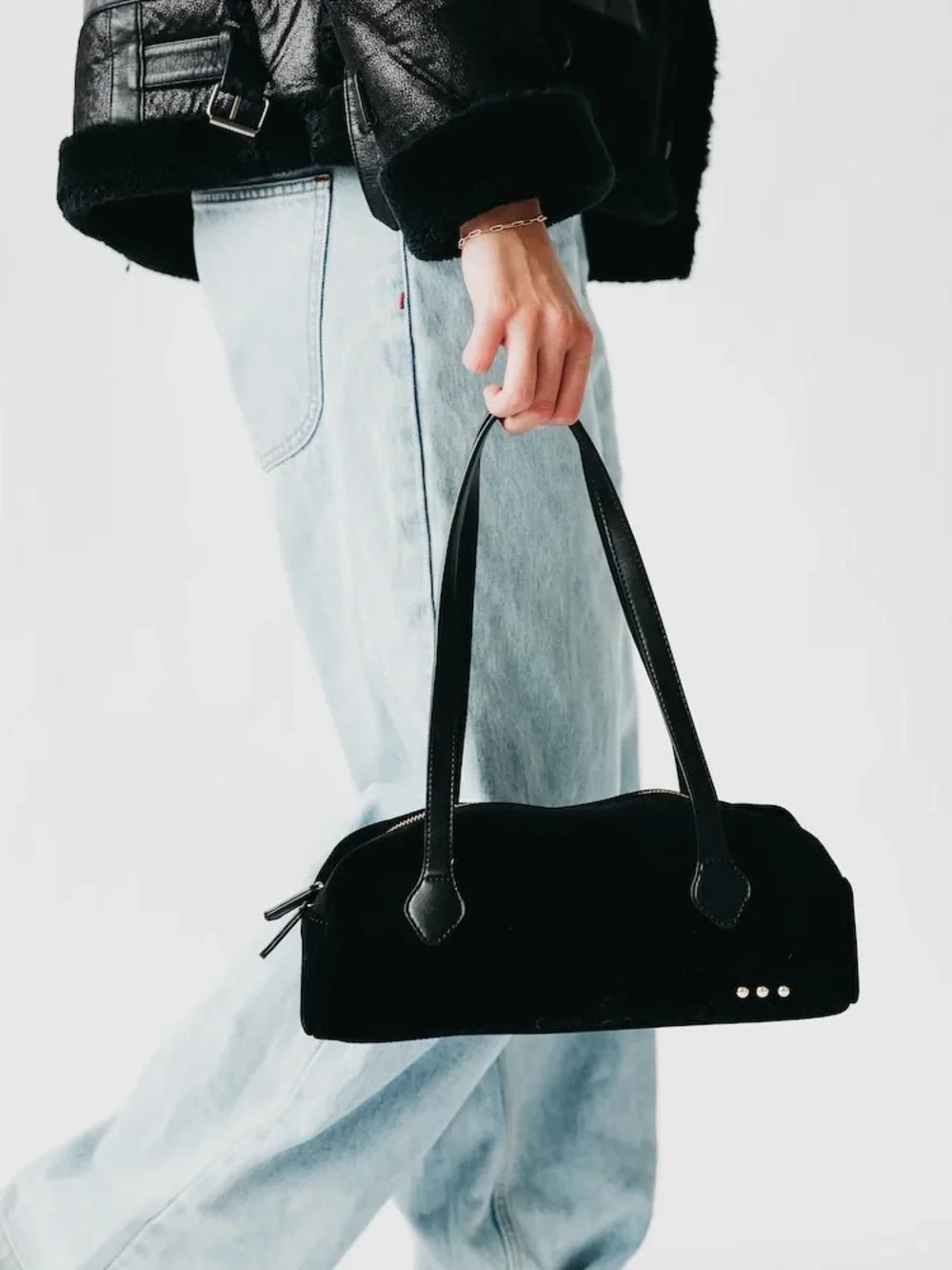Pretty Simple Sally Vegan Suede Barrel Shoulder Bag High Quality Black